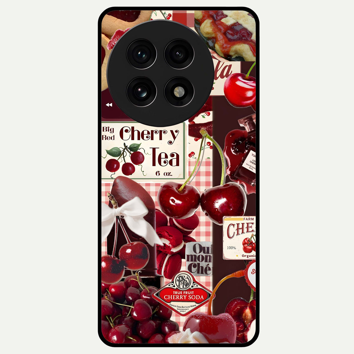  Aesthetic Cherry Tea Glass Case For OnePlus 13R back cover – full design glossy printed glass finish