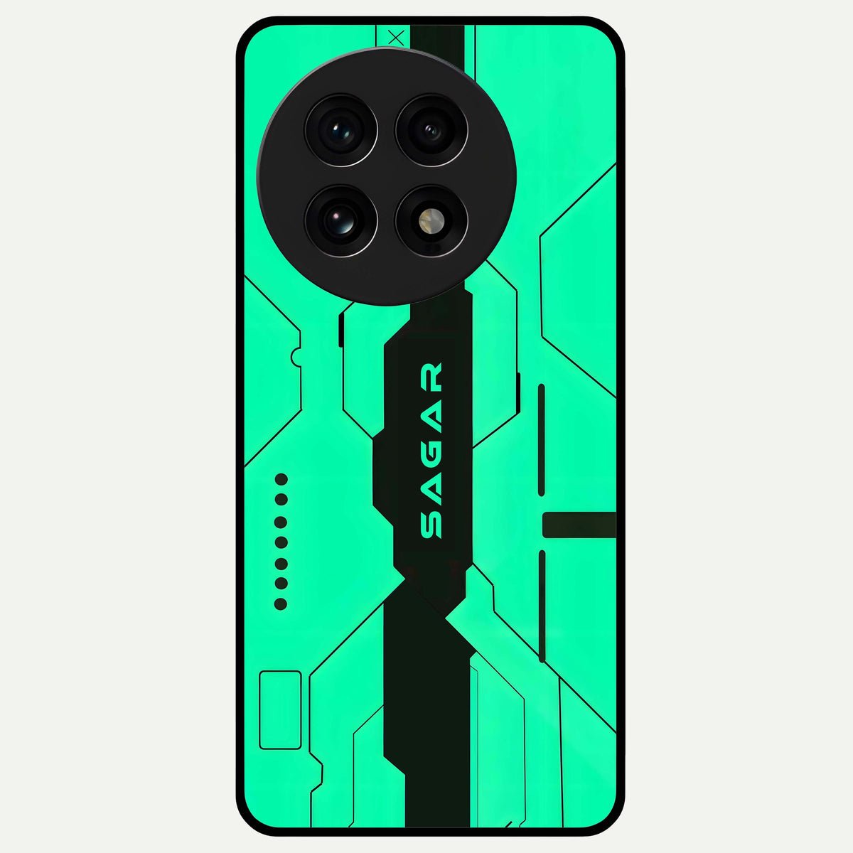  Aqua Tech CYBERPUNK Custom Name Glass Case For OnePlus 13R back cover – full design glossy printed glass finish