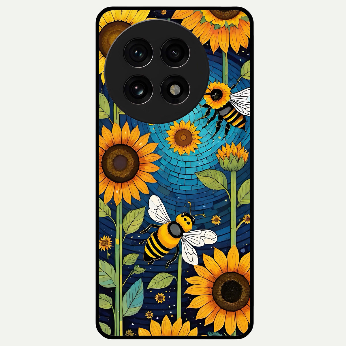  Bees And Sunflowers Glass Case For OnePlus 13R back cover – full design glossy printed glass finish