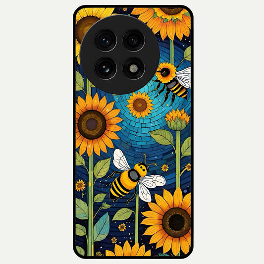 Bees And Sunflowers Glass Case For OnePlus 13R back cover – full design glossy printed glass finish