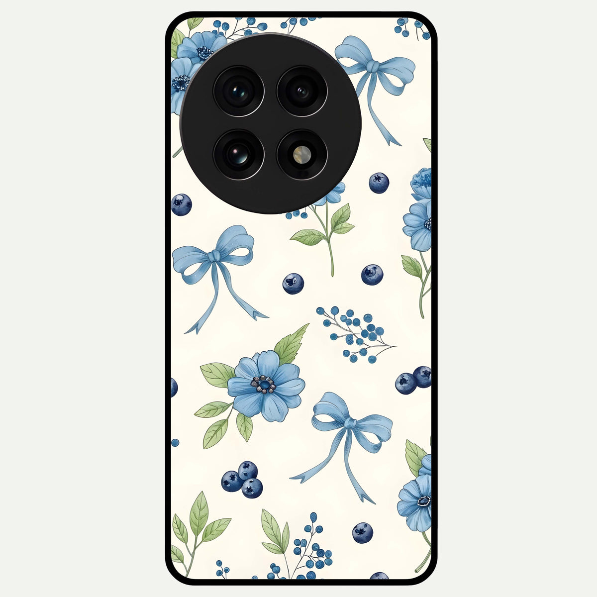  Blue Flower And Bow Glass Case For OnePlus 13R back cover – full design glossy printed glass finish