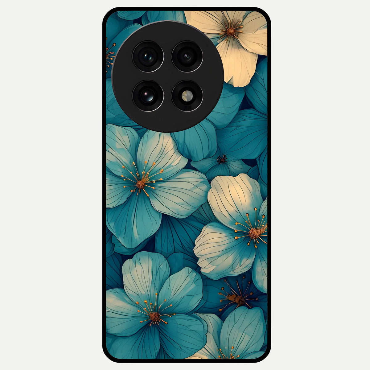  Blue Shade Floral Glass Case For OnePlus 13R back cover – full design glossy printed glass finish