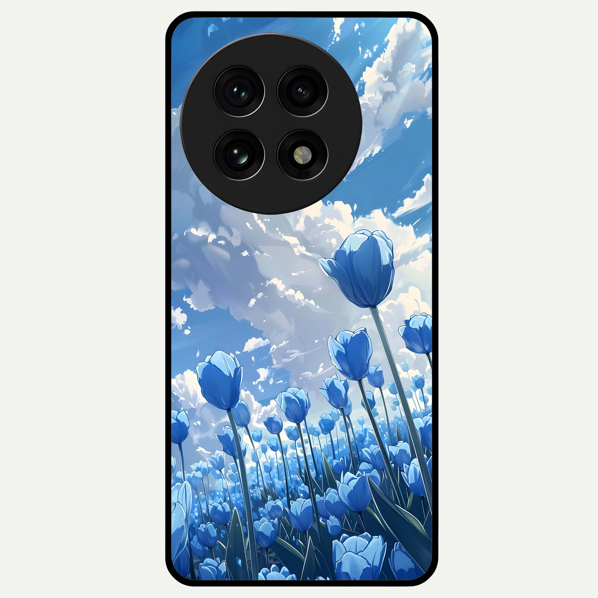  Blue Tulip Clouds Glass Case For OnePlus 13R back cover – full design glossy printed glass finish