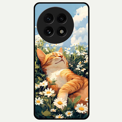  Cat And Flowers View Glass Case For OnePlus 13R back cover – full design glossy printed glass finish