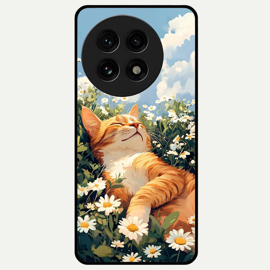  Cat And Flowers View Glass Case For OnePlus 13R back cover – full design glossy printed glass finish