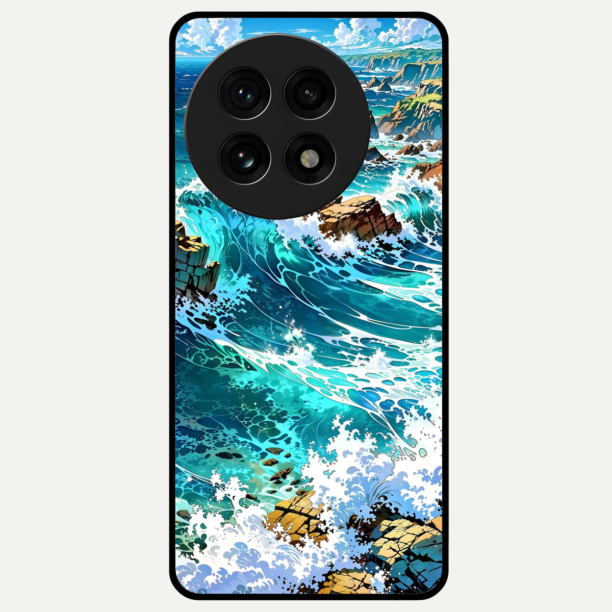  Coastal Blue Waves Glass Case For OnePlus 13R back cover – full design glossy printed glass finish