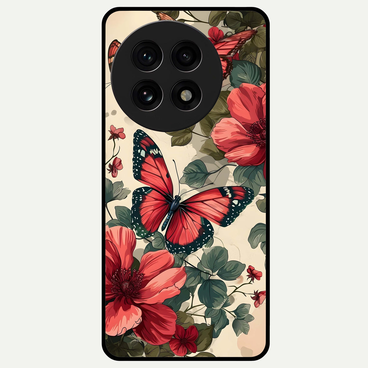  Crimson Butterfly Garden Glass Case For OnePlus 13R back cover – full design glossy printed glass finish