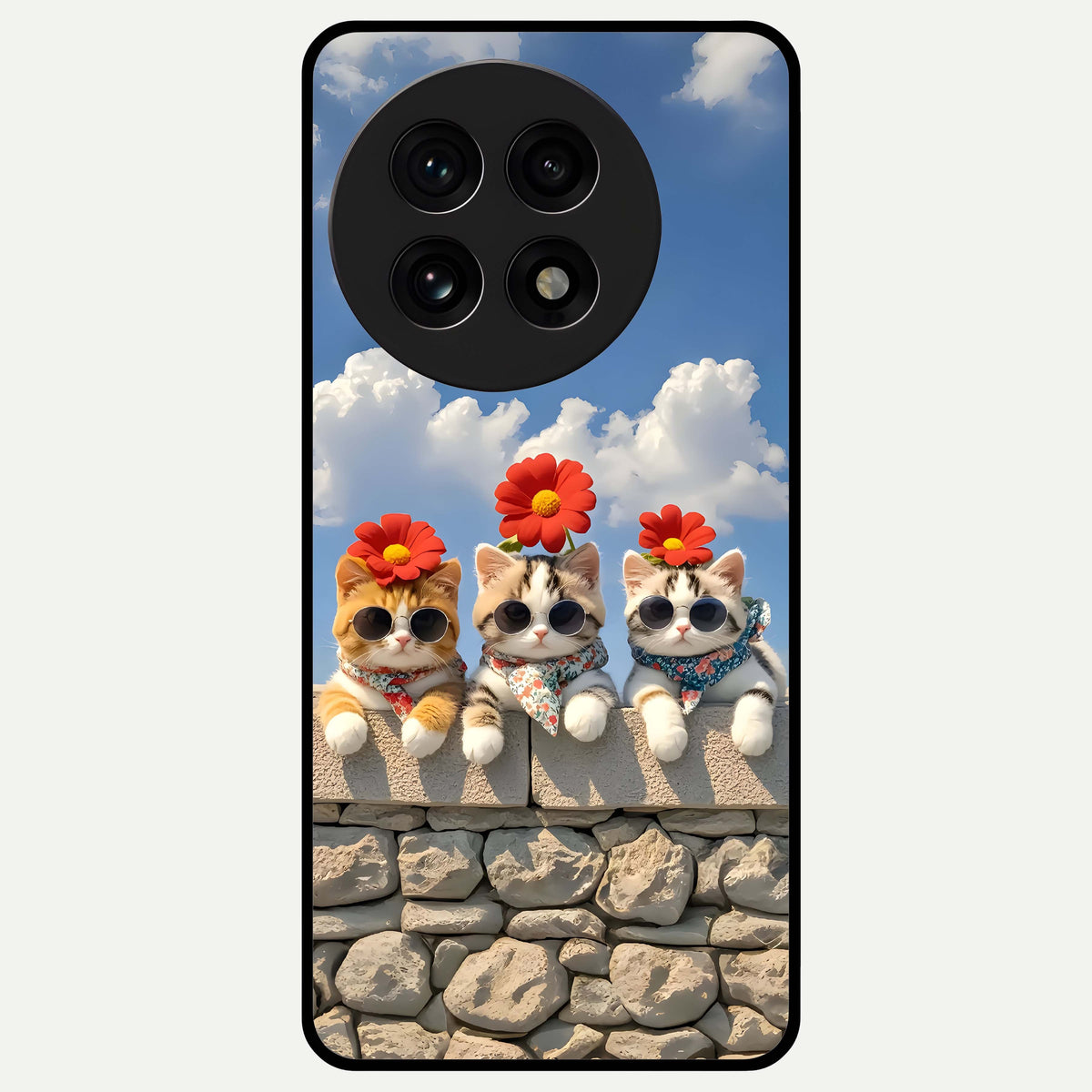  Floral Kitty Squad Glass Case For OnePlus 13R back cover – full design glossy printed glass finish