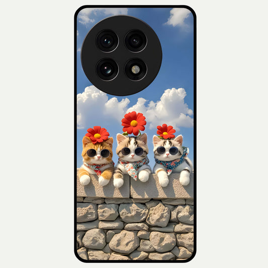  Floral Kitty Squad Glass Case For OnePlus 13R back cover – full design glossy printed glass finish