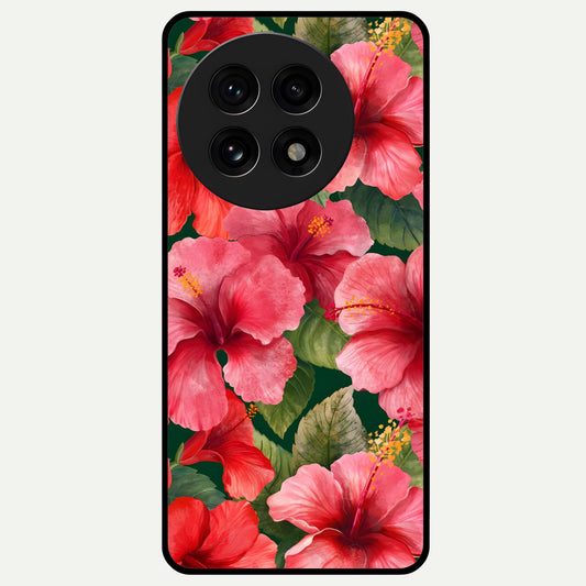  Hibiscus Pattern Glass Case For OnePlus 13R back cover – full design glossy printed glass finish