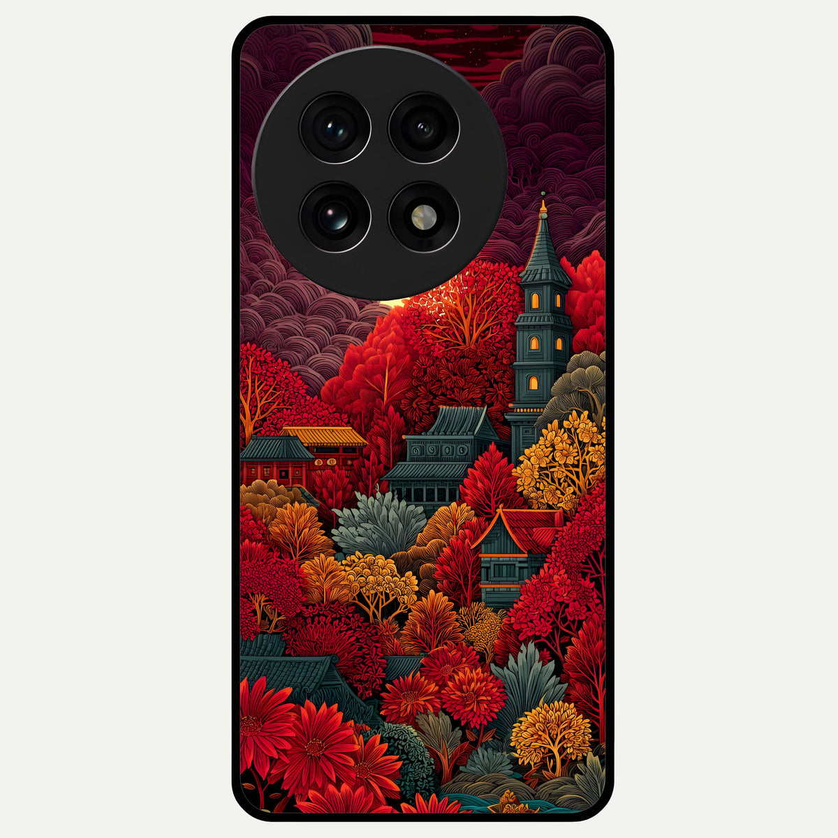  Scarlet Autumn Temple Glass Case For OnePlus 13R back cover – full design glossy printed glass finish