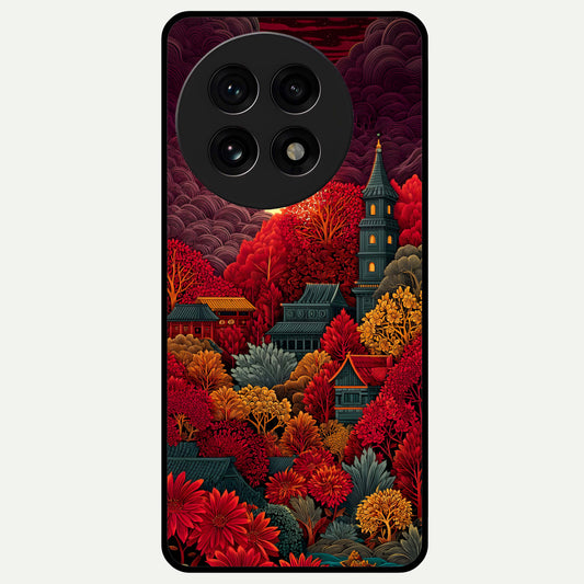 Scarlet Autumn Temple Glass Case For OnePlus 13R back cover – full design glossy printed glass finish