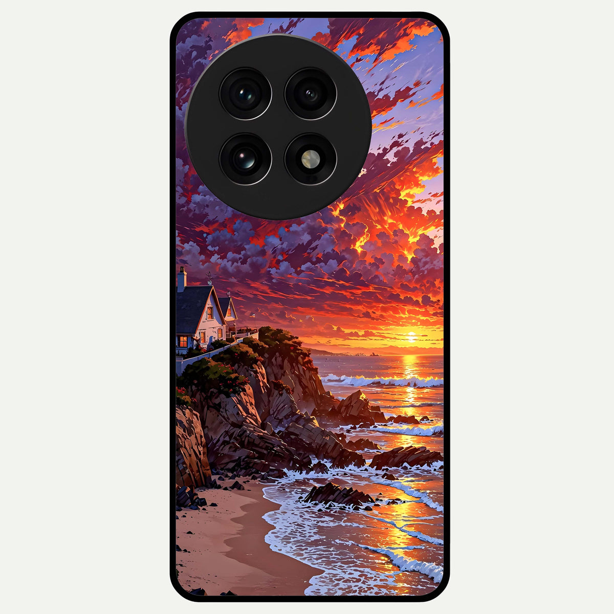  Sunset House By Sea Glass Case For OnePlus 13R back cover – full design glossy printed glass finish