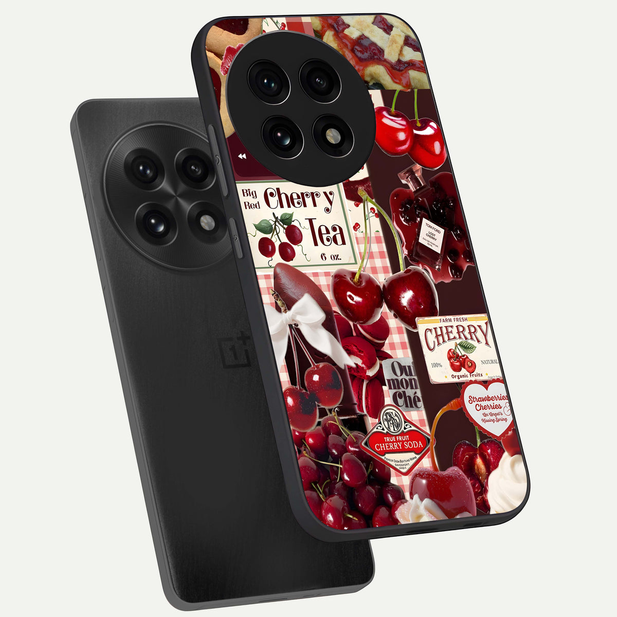  Aesthetic Cherry Tea phone case For OnePlus 13R showing premium glass back cover with detailed artwork