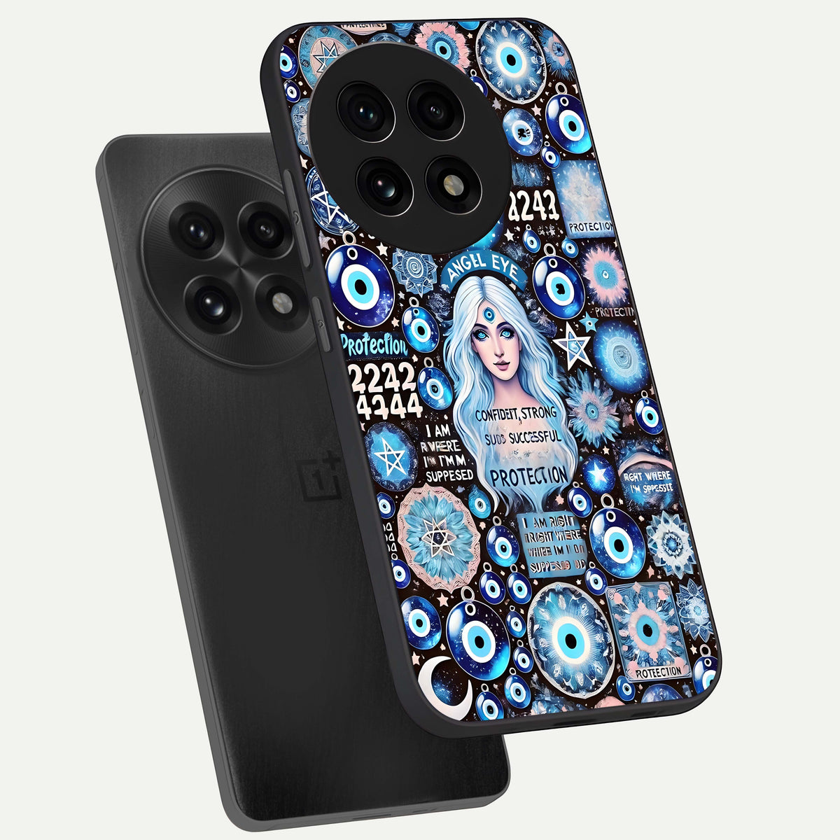  Angel Aura Shield phone case For OnePlus 13R showing premium glass back cover with detailed artwork