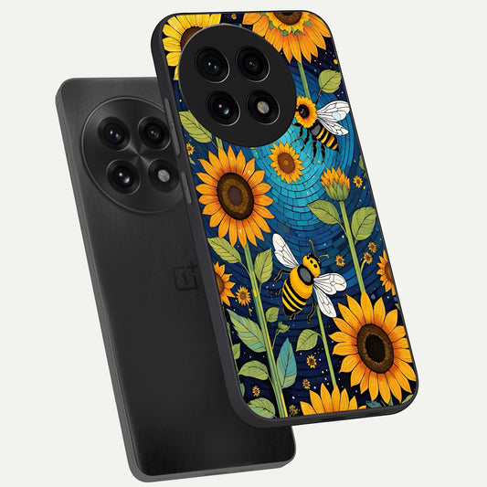  Bees And Sunflowers phone case For OnePlus 13R showing premium glass back cover with detailed artwork