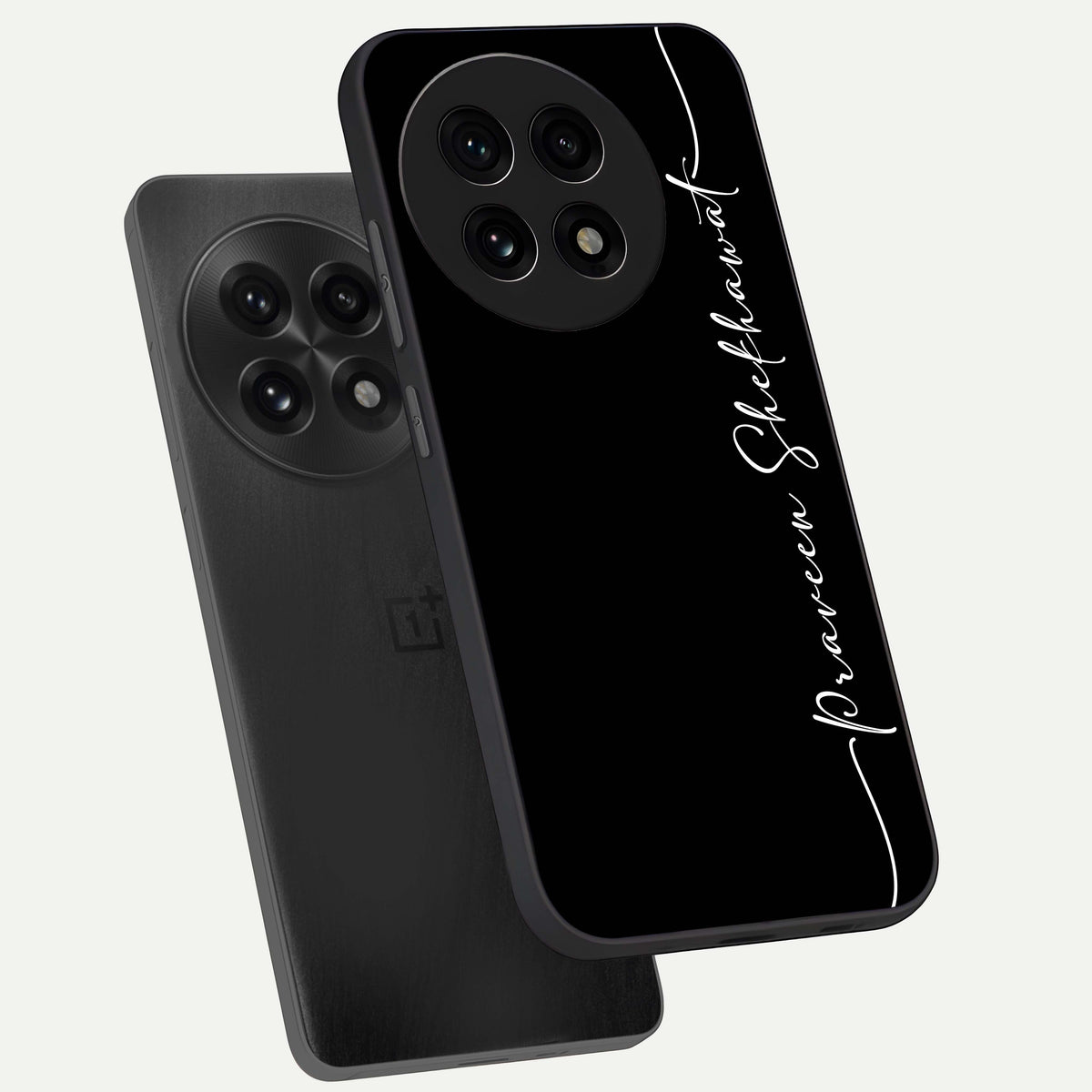  Black Tune Custom Name phone case For OnePlus 13R showing premium glass back cover with detailed artwork