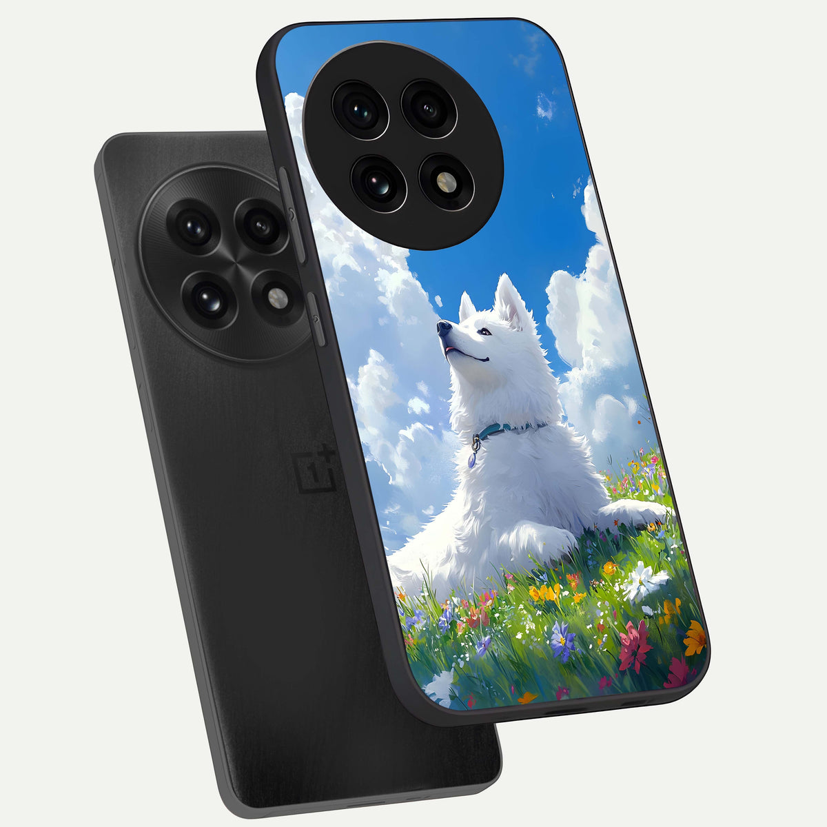  Blissful Cloud Pup phone case For OnePlus 13R showing premium glass back cover with detailed artwork