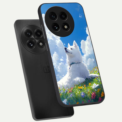  Blissful Cloud Pup phone case For OnePlus 13R showing premium glass back cover with detailed artwork