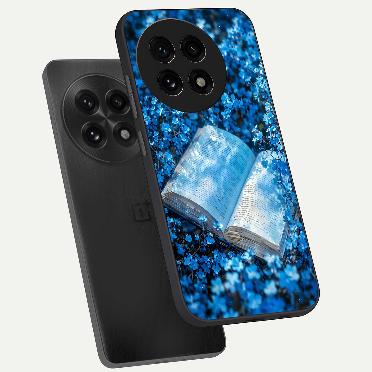  Blue Bloom Tales phone case For OnePlus 13R showing premium glass back cover with detailed artwork