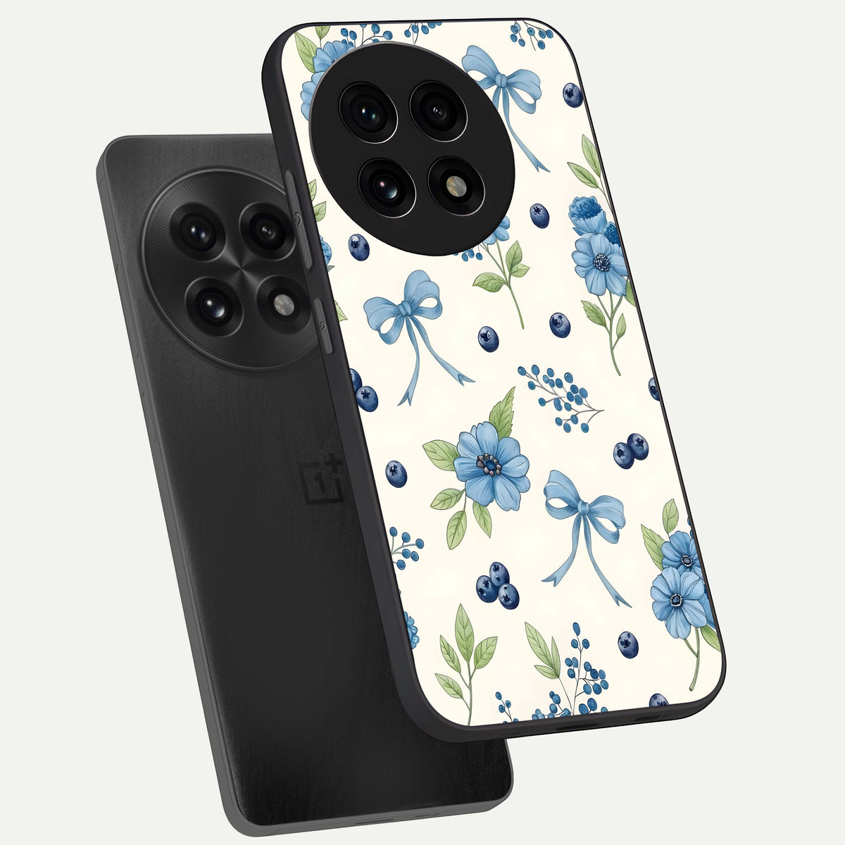  Blue Flower And Bow phone case For OnePlus 13R showing premium glass back cover with detailed artwork