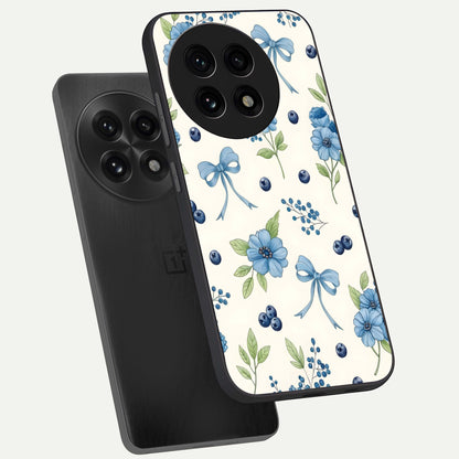  Blue Flower And Bow phone case For OnePlus 13R showing premium glass back cover with detailed artwork