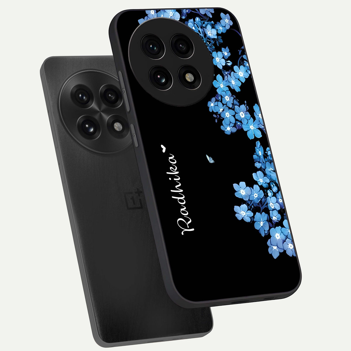  Blue Petal Dream Custom Name phone case For OnePlus 13R showing premium glass back cover with detailed artwork