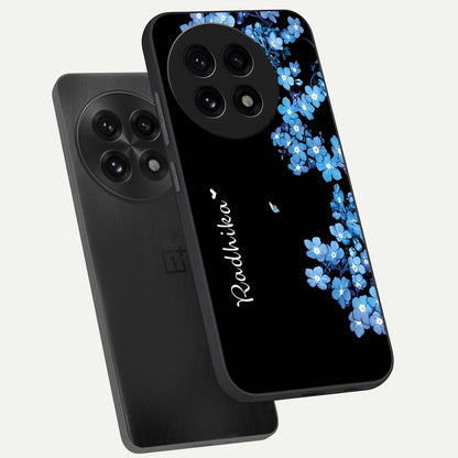  Blue Petal Dream Custom Name phone case For OnePlus 13R showing premium glass back cover with detailed artwork
