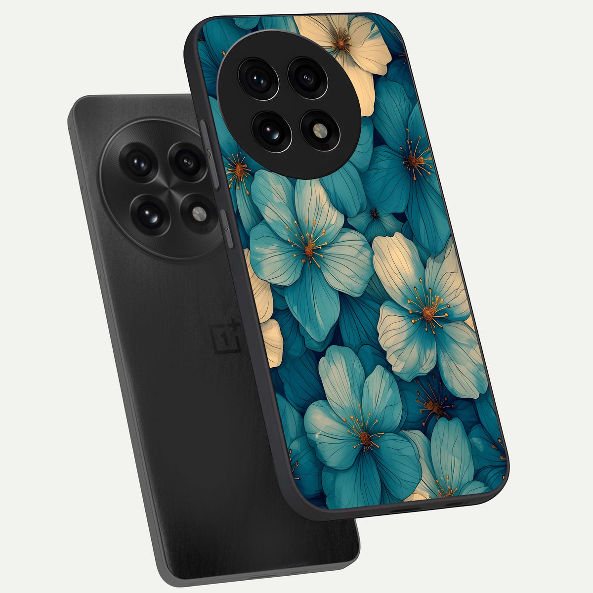  Blue Shade Floral phone case For OnePlus 13R showing premium glass back cover with detailed artwork