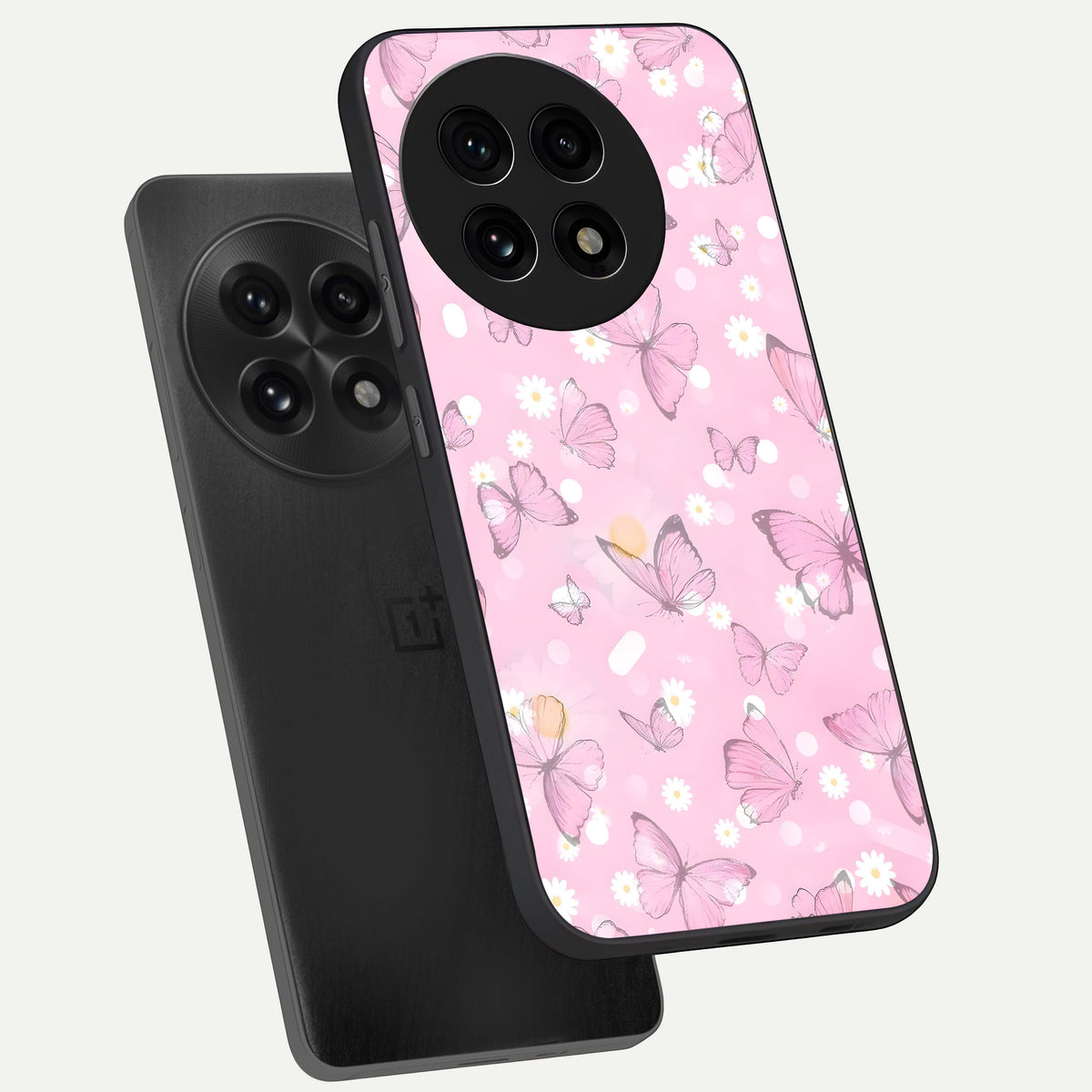  Blush Butterfly Garden phone case For OnePlus 13R showing premium glass back cover with detailed artwork