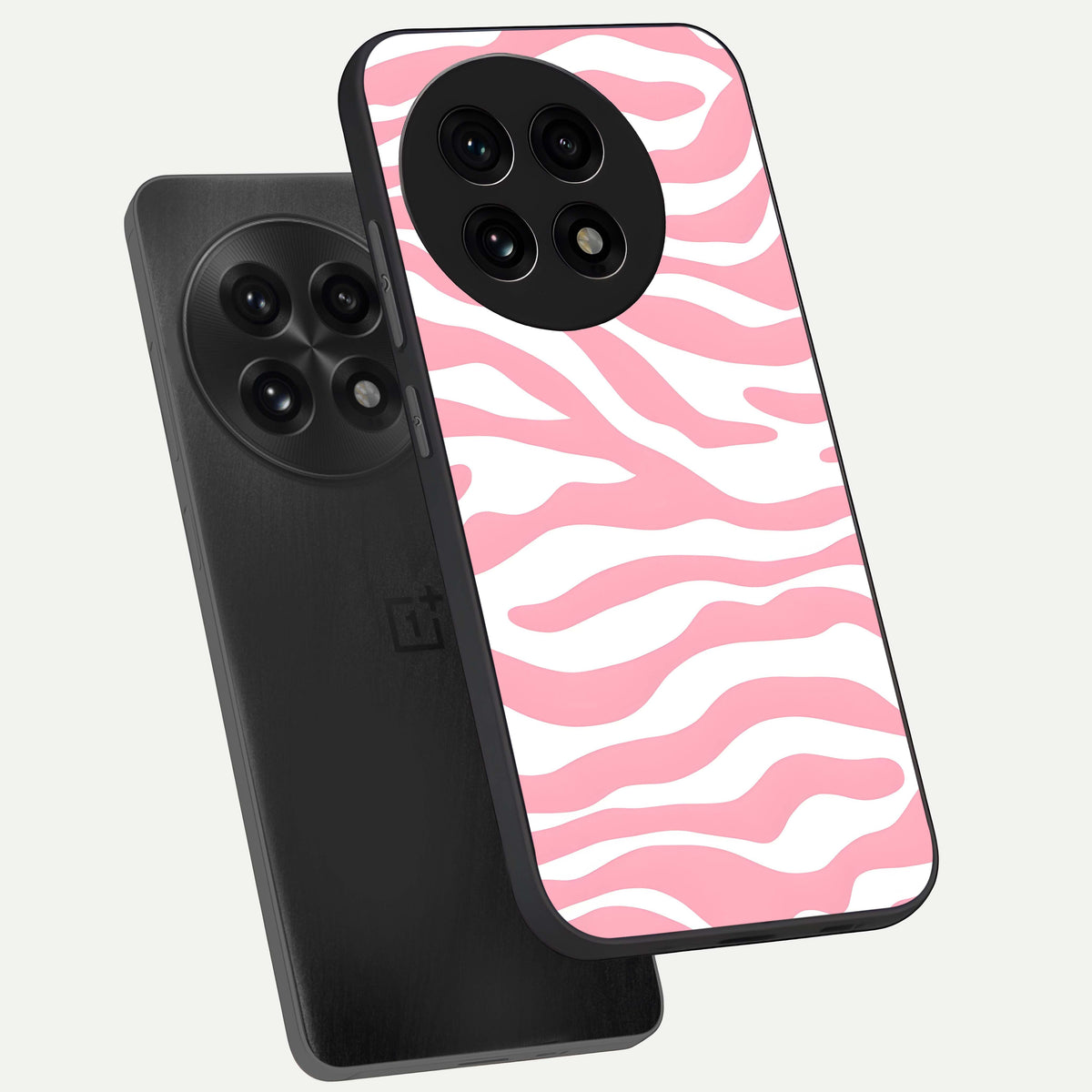  Blush Zebra Flow phone case For OnePlus 13R showing premium glass back cover with detailed artwork