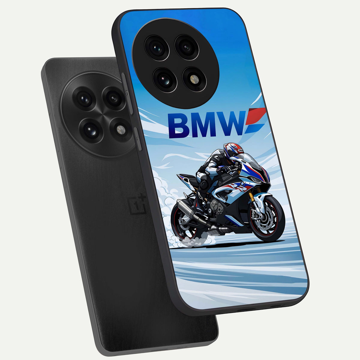  BMW Power Drift phone case For OnePlus 13R showing premium glass back cover with detailed artwork