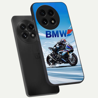  BMW Power Drift phone case For OnePlus 13R showing premium glass back cover with detailed artwork