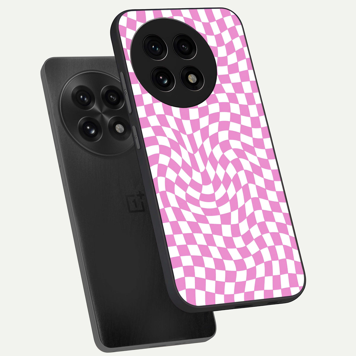  Bubblegum Check Wave phone case For OnePlus 13R showing premium glass back cover with detailed artwork