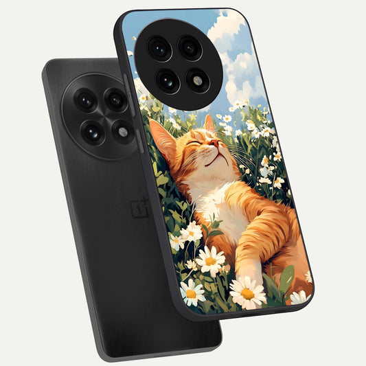  Cat And Flowers View phone case For OnePlus 13R showing premium glass back cover with detailed artwork