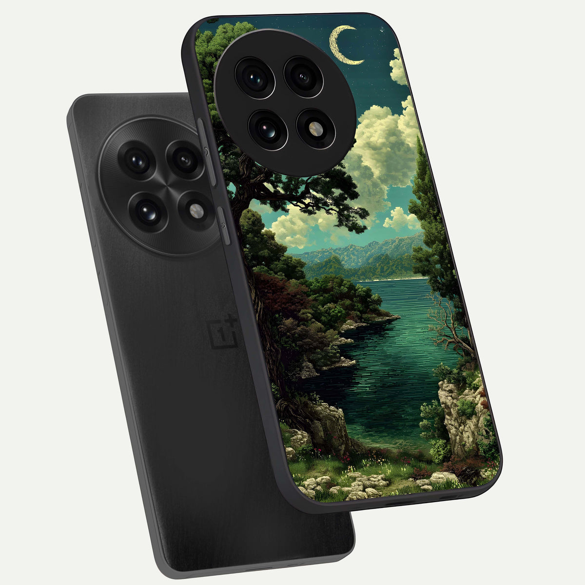  Celestial Lake Peace phone case For OnePlus 13R showing premium glass back cover with detailed artwork