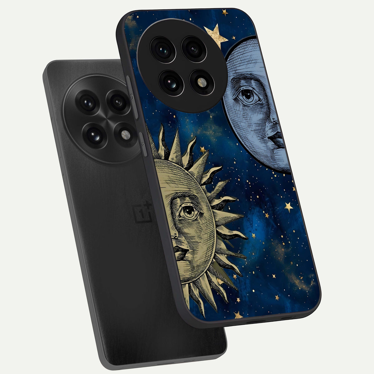 Celestial Moon With Sun phone case For OnePlus 13R showing premium glass back cover with detailed artwork