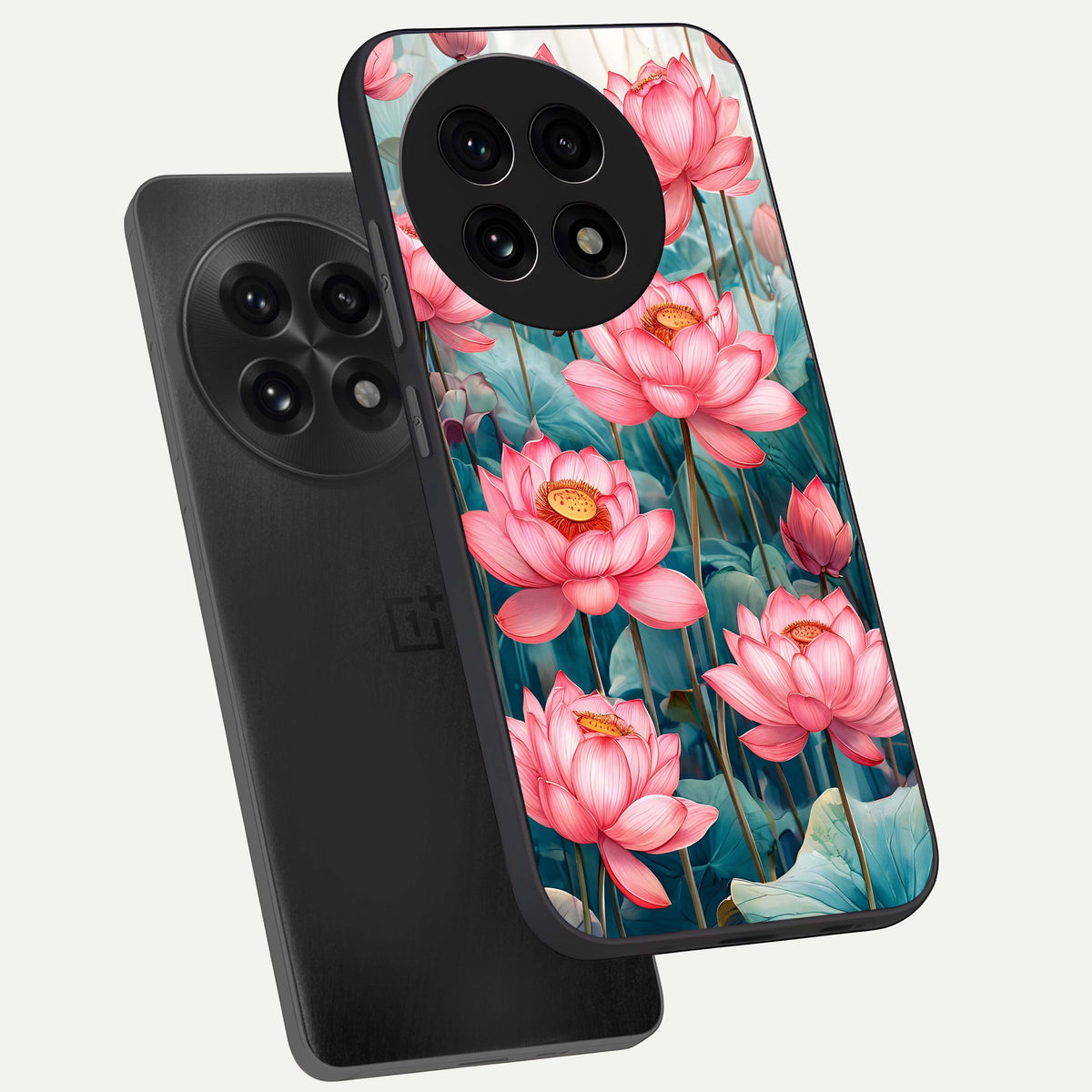  Celestial Pink Lotus phone case For OnePlus 13R showing premium glass back cover with detailed artwork