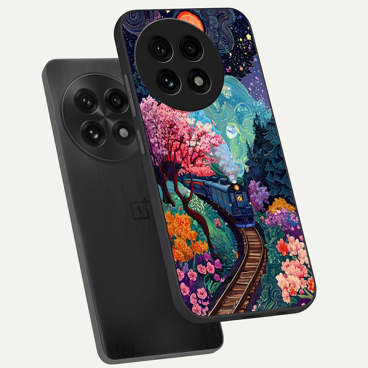  Celestial Train Journey phone case For OnePlus 13R showing premium glass back cover with detailed artwork