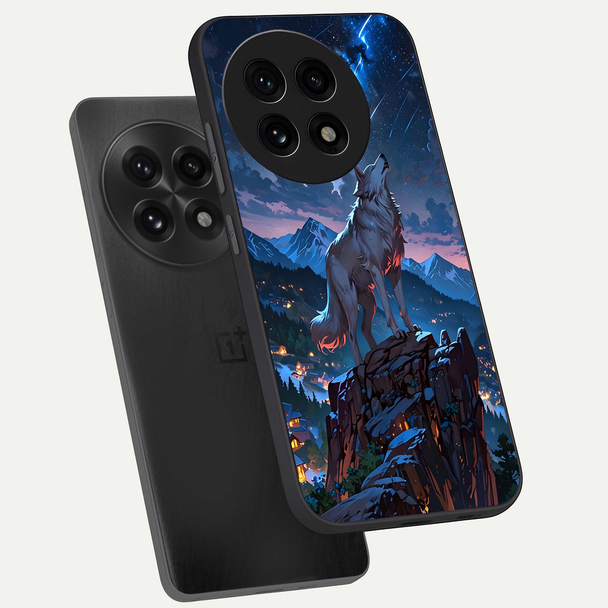  Celestial Wolf Howl phone case For OnePlus 13R showing premium glass back cover with detailed artwork