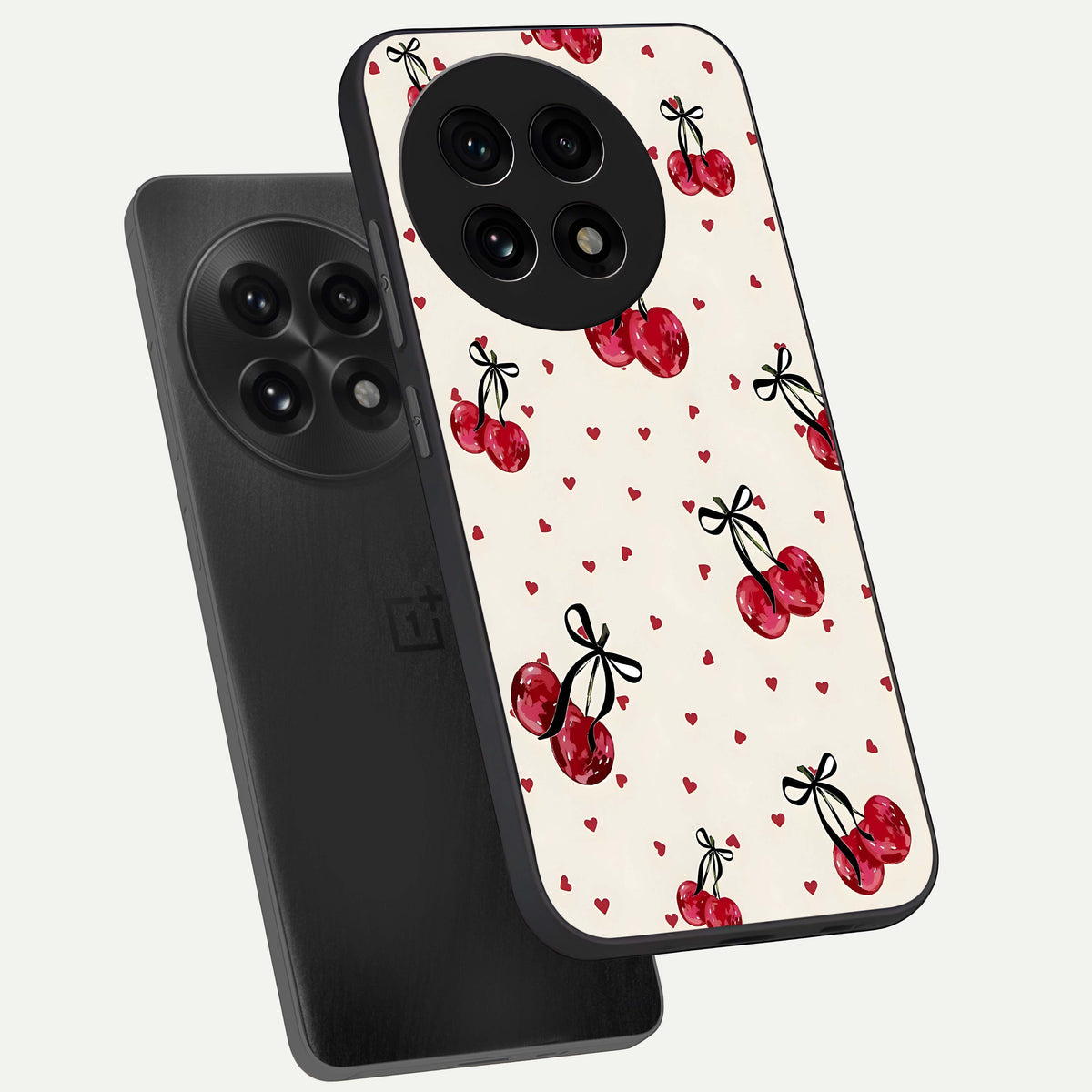  Cherry Heart Bow phone case For OnePlus 13R showing premium glass back cover with detailed artwork