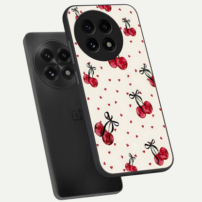 Cherry Heart Bow phone case For OnePlus 13R showing premium glass back cover with detailed artwork