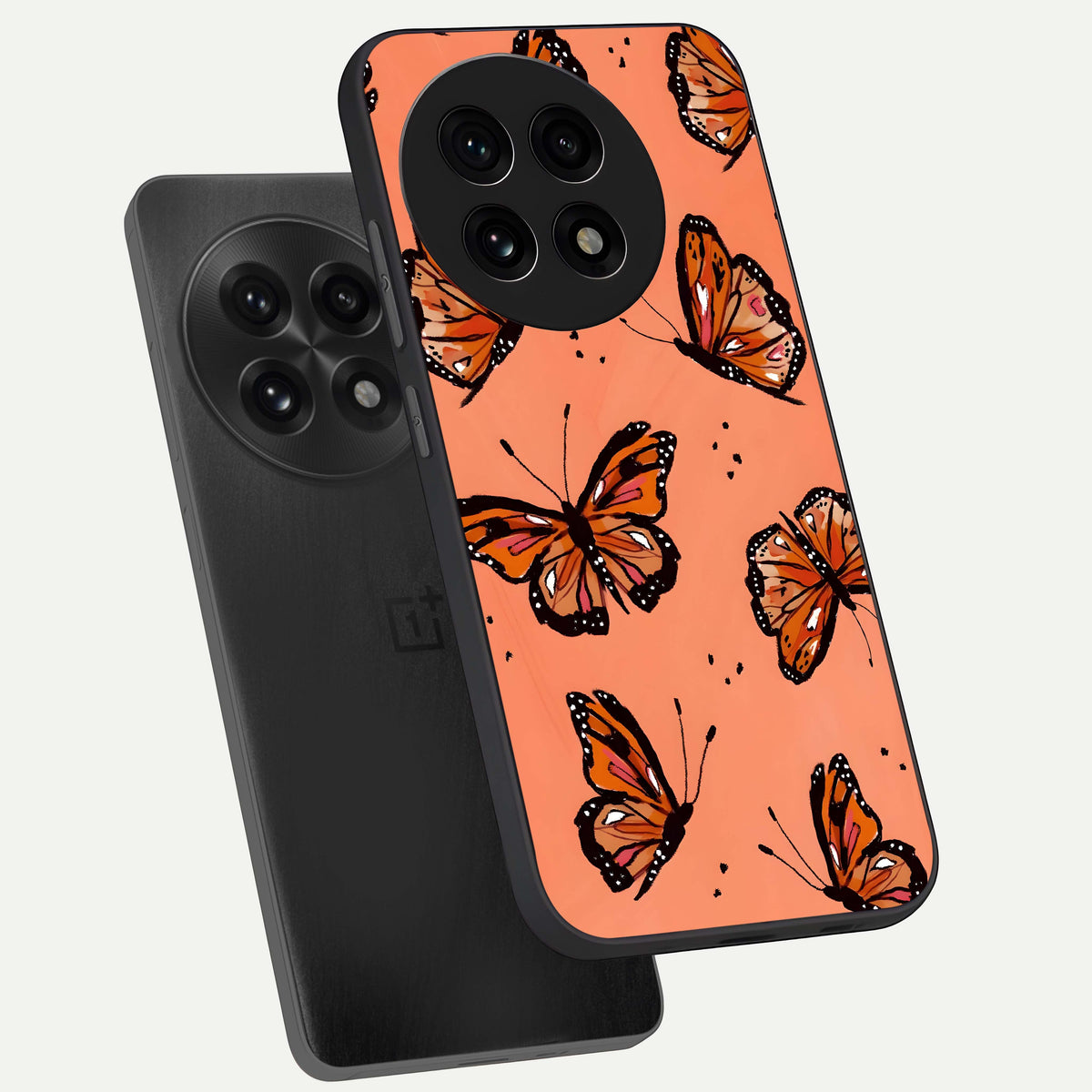  Coral Wing Butterfly phone case For OnePlus 13R showing premium glass back cover with detailed artwork