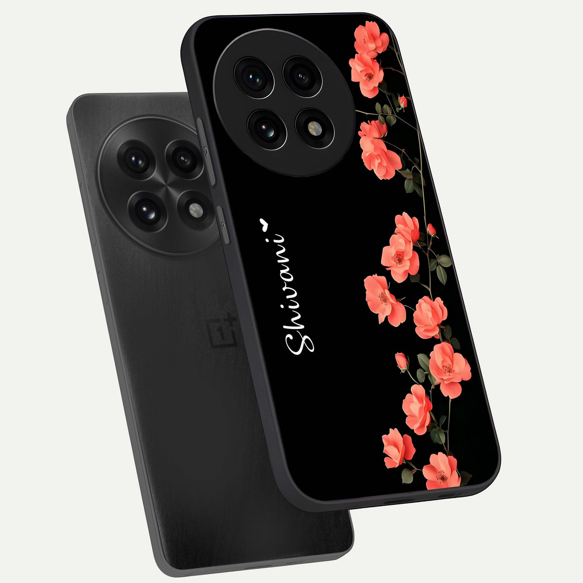  Crimson Bloom Grace Custom Name phone case For OnePlus 13R showing premium glass back cover with detailed artwork