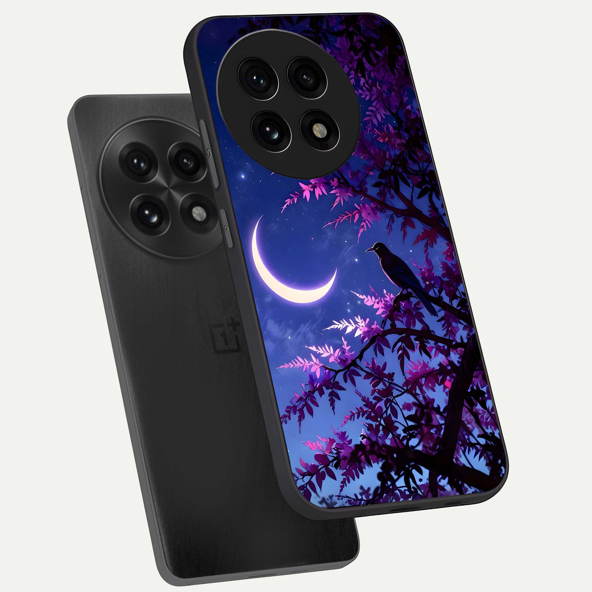  Crow And Moon Scenery phone case For OnePlus 13R showing premium glass back cover with detailed artwork