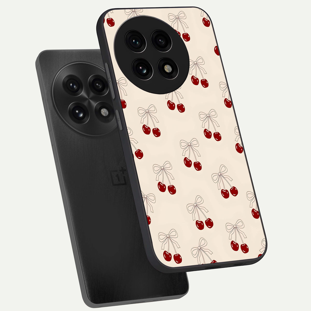  Cute Cherry Pattern phone case For OnePlus 13R showing premium glass back cover with detailed artwork