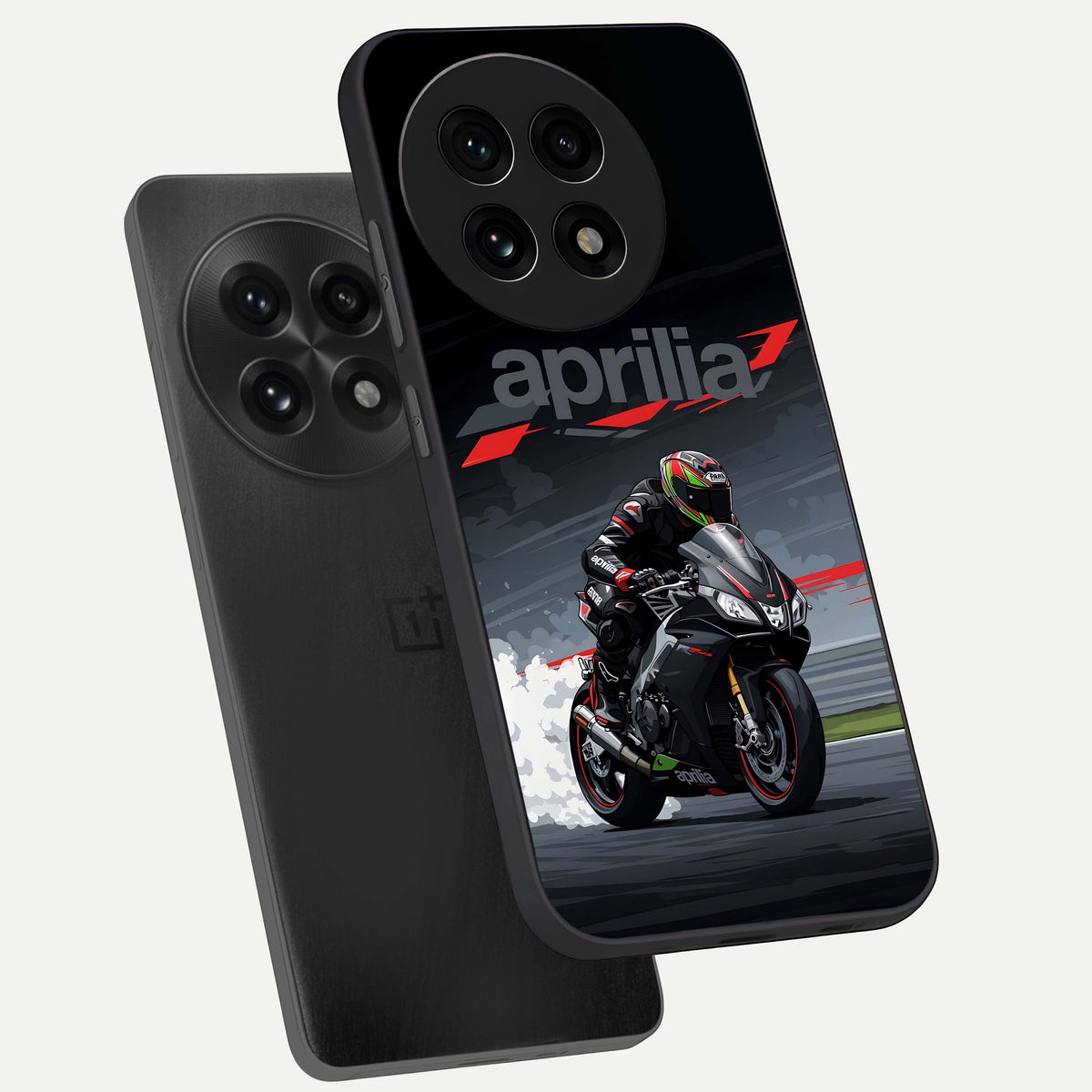  Dark Aprilla phone case For OnePlus 13R showing premium glass back cover with detailed artwork