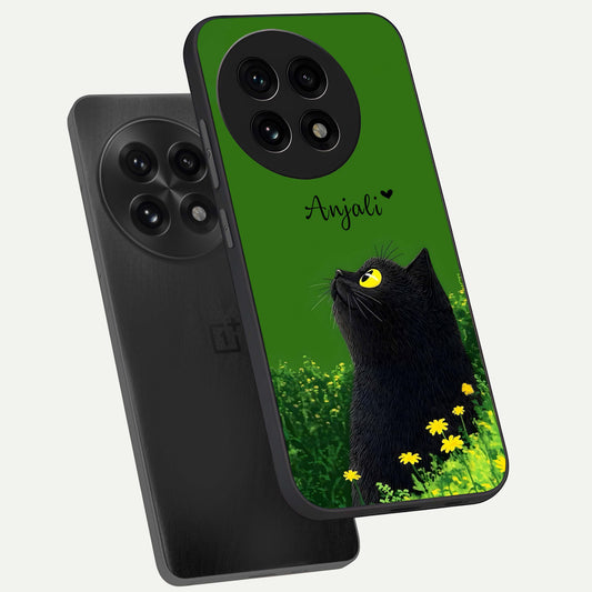  Emerald Cat Custom Name phone case For OnePlus 13R showing premium glass back cover with detailed artwork