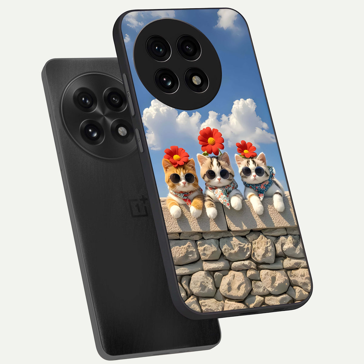  Floral Kitty Squad phone case For OnePlus 13R showing premium glass back cover with detailed artwork