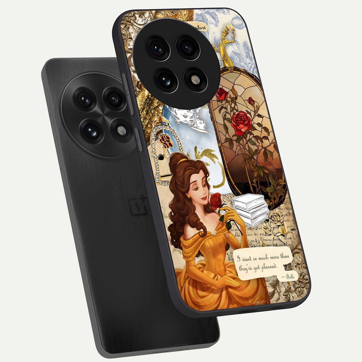  Golden Dream Belle phone case For OnePlus 13R showing premium glass back cover with detailed artwork